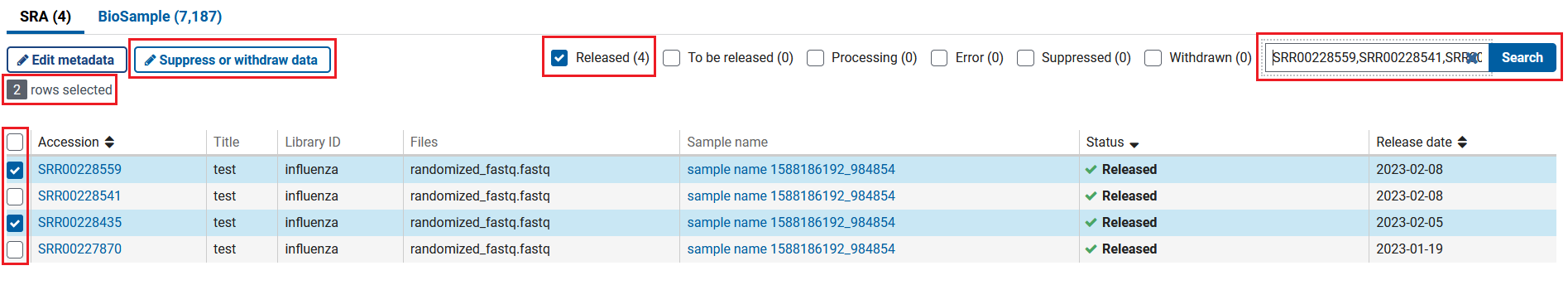 Figure 2: Selecting Accessions from the BioProject Page